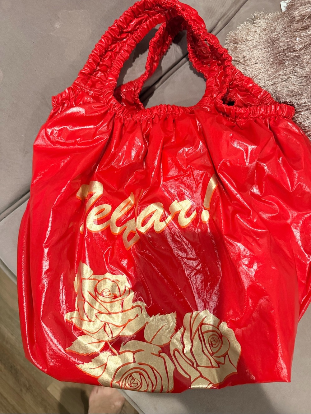 Telfar Red Tote with Gold Rose Print